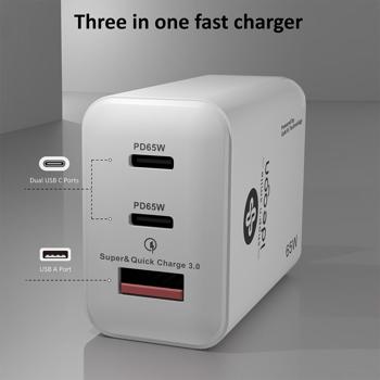 Preview: USB charger, 3 ports, 65 watts, 2x USB-C and 1x USB-A, PD & QC power supply, white, GaN III