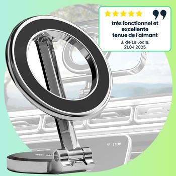 Preview: Support de smartphone robuste pour voiture compatible avec MagSafe, argenté, pivotant à 360°, installation facile, support magnétique sûr pour iPhone 16, 15, 14, 13, 12