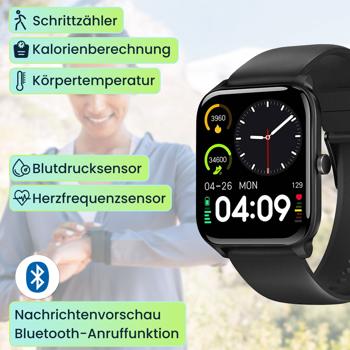 Preview: Fitness SmartWatch, Vollfarbiges Touch Display, schwarz