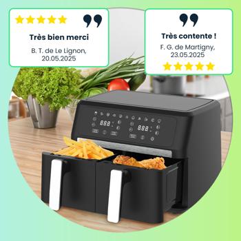 Preview: Friteuse sans huile premium Dual Zone, deux paniers, 2x 4,5 l – air fryer inox/ABS, 11 programmes, écran tactile LED, antiadhésif, 2400 W