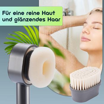 Preview: Hochwertiger 3-in-1 Duschkopf mit Bürste, Schwamm und Wasserspar Funktion - 2 x Premium-Wasserfilter - Wellness Brause für Ihr Spa-Erlebnis