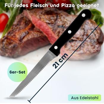 Preview: Steakmesser 6er-Set aus Edelstahl, Grillmesser mit gezackten Klingen, Länge 21 cm