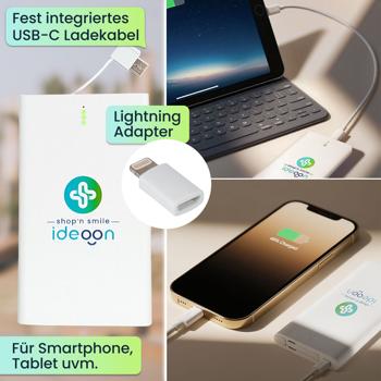 Preview: Kompakte Powerbank USB-C (4.000mAh) – Ultra-Slim Powerbank mit fest integriertem Kabel & Lightning Adapter – Mobiler Akku-Boost