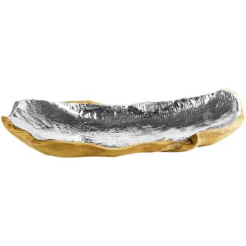 Elegant teak flat bowl with aluminum finish, 60 x 25 x 7cm