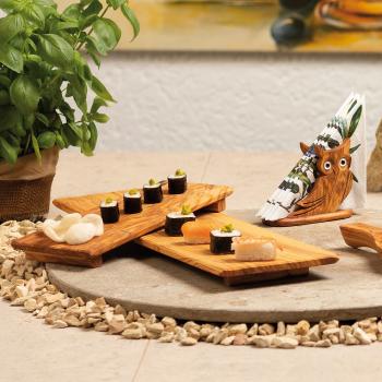 Preview: Sushi Servierbrett Set 2tlg aus Olivenholz - Handgefertigt, mit Füssen & Saftrille - Antibakteriell - Ideal für Sushi, Sashimi - Made in Italy - 13x55/28cm