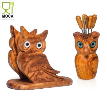 Preview: Set gufo, con 6 forchette da snack + porta tovaglioli, legno d’oliva, 8 pezzi