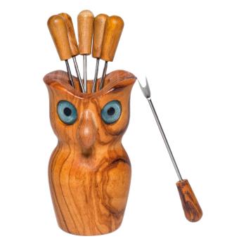 Preview: Knabber-Set Eule Olivenholz 8-teilig - Antibakterielle 3-Fächer-Snackschale & 6 Snackgabeln - Handgefertigt Italien - 33x10x7cm Schale, 12x8cm Eule