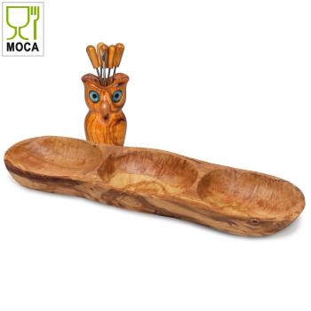 Preview: Knabber-Set Eule Olivenholz 8-teilig - Antibakterielle 3-Fächer-Snackschale & 6 Snackgabeln - Handgefertigt Italien - 33x10x7cm Schale, 12x8cm Eule