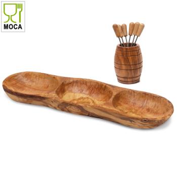Preview: Tapas-Set Fässchen Olivenholz - Apéro-Set mit 6 Snackgabeln - Handgefertigt, antibakteriell, 8-teilig, Made in Italy - 33x10x7cm Schale - 12x8cm Fässchen