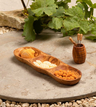Preview: Tapas-Set Fässchen Olivenholz - Apéro-Set mit 6 Snackgabeln - Handgefertigt, antibakteriell, 8-teilig, Made in Italy - 33x10x7cm Schale - 12x8cm Fässchen