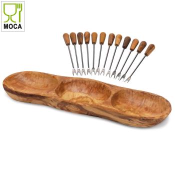 Preview: Tapas-Set 13-teilig aus Olivenholz - Handgefertigte Apéro-Schale 3 Fächer 33x10x7cm & 12 Partygabeln 10x4x3cm - Antibakteriell - Unikat