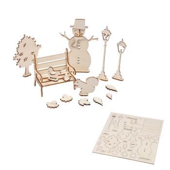 Preview: Lot de 2 décorations 3D en bois naturel pour puzzle, sapin et bonhomme de neige