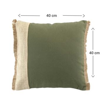 Preview: 2er-Set Dekokissen mit Fransen aus Baumwolle & Jute – Grün-Beige-Braun 40x40cm – Sofa Sessel Bett Bank Deko – Weiche Füllung – Gemütlich