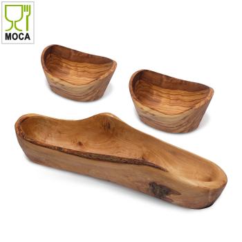 Preview: Olivenholz Brot- & Snack-Schalenset 3-teilig - Stilvoll Servieren von Brot, Tapas & Obst - Handgefertigt, Natur-Maserung, Made in Italy - L: 35cm / Ø 10x8cm