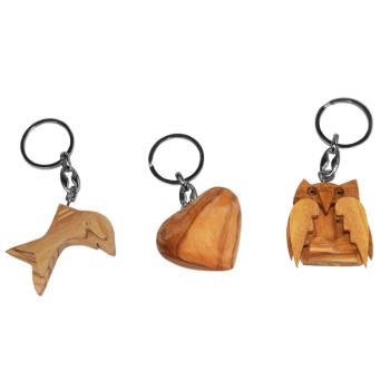 set of 3 keychains dolphin, owl and heart, made of olive wood, brown, 5 x 5 cm