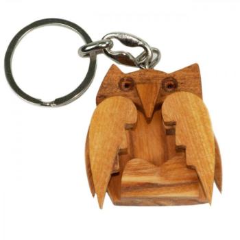 Preview: set of 3 keychains dolphin, owl and heart, made of olive wood, brown, 5 x 5 cm