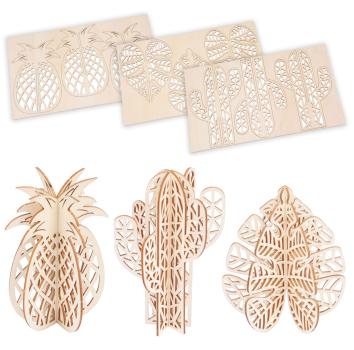 Preview: 3er-Set 3D-Puzzle aus Naturholz - Kreative Bastelarbeit für Jung & Alt - Blatt Ananas Kaktus Motiv - 29,5x17,5cm - Ideal als Dekoration & Geschenk