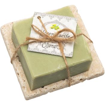 Preview: 3er-Set Bio-Seife mit Oliven- & Lorbeeröl - Luxuriöse Hautpflege & tägliche Duschroutine - Inkl. handgefertigter Travertin-Seifenablage 10x10cm aus Troja