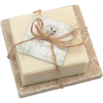 Preview: 3er-Set Hamam-Seife mit Olivenöl und Travertin-Seifenablage - Luxuriöse Hautpflege für Bad & WC - Beige Seife, hellbraune Ablage 10x10cm aus Troja