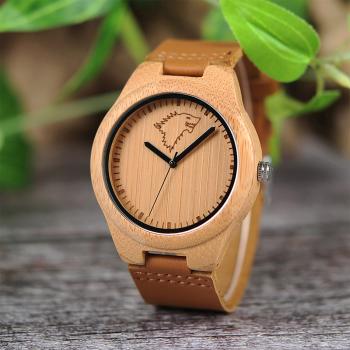 Preview: Aparte bamboo wristwatch with wild animal, leather strap, light brown - sapphire crystal, quartz movement, natural wood design, scratch-resistant