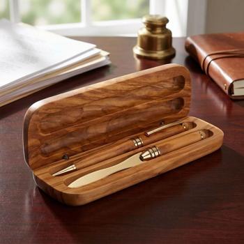 Exclusive olive wood box with ballpoint pen & letter opener, 17x6cm - High-quality gift set or elegant office accessory
