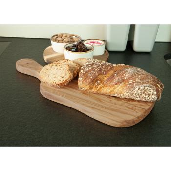 Preview: Olivenholzbrett unregelmässig - Schneidebrett & Servierplatte mit Griff für Küche & Esszimmer - Handgefertigt, geölt, MOCA-zertifiziert, 39x18x2.5cm