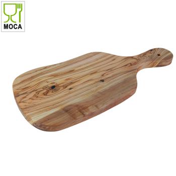 Preview: Olivenholzbrett unregelmässig - Schneidebrett & Servierplatte mit Griff für Küche & Esszimmer - Handgefertigt, geölt, MOCA-zertifiziert, 39x18x2.5cm