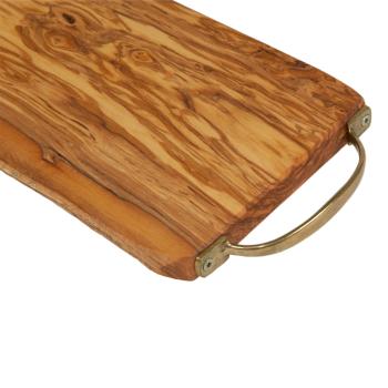 Preview: Olivenholz Brett mit Messinggriff - Rustikales Servier- & Schneidebrett für Antipasti & Käse - Handgefertigt, 39x16x2cm