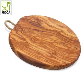 Preview: Rundes Olivenholzbrett mit Kordel - Schneidebrett & Servierplatte für Obst, Gemüse, Häppchen - Handgefertigt, 25x1.5cm, MOCA-zertifiziert, Italien