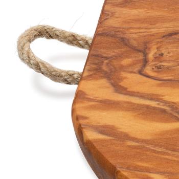 Preview: Rundes Olivenholzbrett mit Kordel - Schneidebrett & Servierplatte für Obst, Gemüse, Häppchen - Handgefertigt, 25x1.5cm, MOCA-zertifiziert, Italien