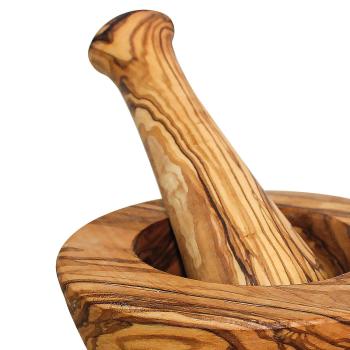 Preview: Mörser mit Stössel aus Olivenholz - Handgefertigt, antibakteriell & robust - Zum Mahlen von Kräutern Gewürzen - 13x13cm - Unikat Italien