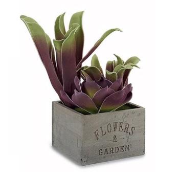 Preview: Vaso da fiori in legno con impronta e pianta artificiale, rettangolare, 15 x 28 x 15 cm