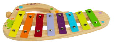 Preview: Xylophon aus Kiefernholz - Musikinstrument für Kinder ab 2 Jahren mit 8 Tönen, 1 Klöppel & Liederheft - Spielend Musik entdecken - 30x15cm - Braun/Bunt