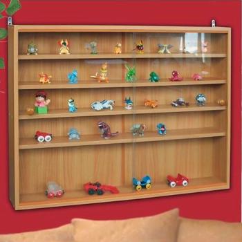 Preview: Wandvitrine Holzdekor Buche - Eleganter Schaukasten für Sammlerstücke mit Schutz vor Staub - 2 Glasschiebetüren - 4 Einlegeböden - 80x60x9cm