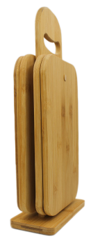 Preview: Bambus Frühstücksbrettchen 4er-Set auf Ständer - Vesperbrett Schneidebrett - Hygienisch Antibakteriell Geruchsneutral - 22x14x0,9cm