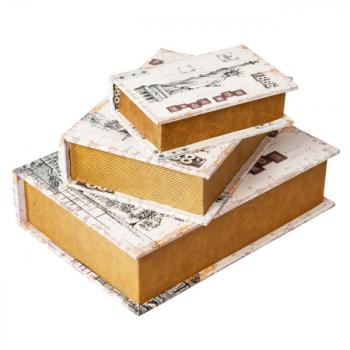 Preview: 3-tlg. Dekorationsbox-Set Buchform Vintage - London, New York, Paris Motive - Aufbewahrung Schatztruhe - HDF mit Stoff ausgekleidet