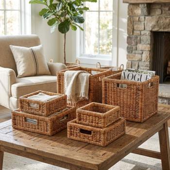 Preview: 5 rattan baskets, various sizes, some with carry handles, rectangular, honey