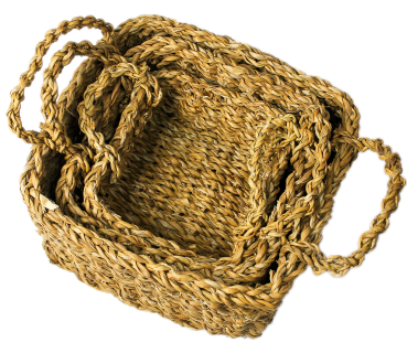 Preview: Seegras Körbe-Set 3-teilig - Viereckige Aufbewahrungskörbe mit 2 Henkeln - Braunes Webmuster für Landhaus-Stil & Deko - Stapelbar - 18/23/29cm