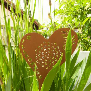 Preview: Gartenstecker Herz aus Metall - Rost-Optik mit 2 Erdspiessen für Pflanzenkästen & Beete - Landhaus-Dekoration 25x52cm - Einfach stecken