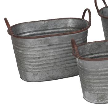 Preview: 3er Set Zinkpflanztöpfe Oval - Landhausstil Blumenkübel Pflanzgefäss - Vintage-Charme für Balkon Garten Terrasse - Mit Tragegriffen in 3 Grössen