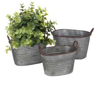 Preview: 3er Set Zinkpflanztöpfe Oval - Landhausstil Blumenkübel Pflanzgefäss - Vintage-Charme für Balkon Garten Terrasse - Mit Tragegriffen in 3 Grössen