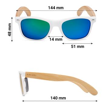 Preview: Sonnenbrille Bambus - Rayban-Stil weisser Rahmen, hellbraune Bügel - Polarisierte blaue Spiegelgläser mit Regenbogen-Optik - UVA- & UVB-Schutz, 144x48mm