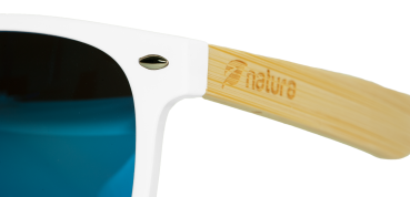 Preview: Sonnenbrille Bambus - Rayban-Stil weisser Rahmen, hellbraune Bügel - Polarisierte blaue Spiegelgläser mit Regenbogen-Optik - UVA- & UVB-Schutz, 144x48mm