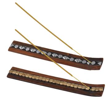 Preview: Räucherstäbchenhalter Holz - Exotischer Aschefänger für Räucherstäbchen & Wohnambiente - 26cm lang - Metallfinish gold oder silber - Dekoration & Geschenk