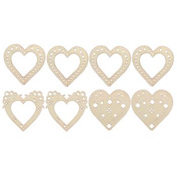 Preview: 8 Holz-Herzen Verzierungen-Set - Naturholz Deko für Tische, Partys & Fensterbänke - DIY Bastelzubehör, unbehandelt, bemalbar, beklebbar, geruchsneutral - MDF Braun