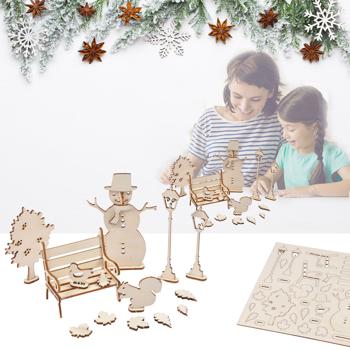 Preview: 3D-Puzzle Dekoration aus Naturholz - Schneemann Motiv zum Basteln & Verzieren - Kreative Freizeitbeschäftigung & Edle Winter Deko - Material MDF