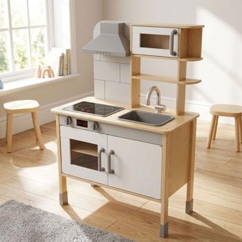 Cucina da gioco in legno resistente, pino/limone, 36 x 69 x 99 cm - Cucina dettagliata per bambini con fornelli, forno, cappa aspirante, manopole rotanti, marrone-bianco
