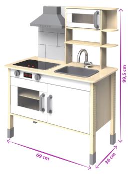 Preview: Cuisine de jeu en bois durable, pin/tilleul, 36 x 69 x 99 cm - Cuisine d’enfant détaillée avec cuisinière, four, hotte aspirante, boutons de réglage, brun-blanc