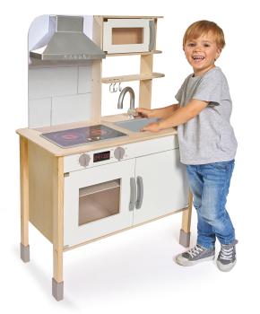 Preview: Cuisine de jeu en bois durable, pin/tilleul, 36 x 69 x 99 cm - Cuisine d’enfant détaillée avec cuisinière, four, hotte aspirante, boutons de réglage, brun-blanc