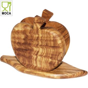 Preview: Serviettenhalter aus Olivenholz - Apfel Motiv, 11 x 6,5 cm, Handgefertigt in Italien - Rustikale Tischdeko, MOCA-zertifiziert